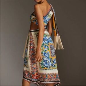 Anthropologie Blue and Orange Patterned Midi Dress